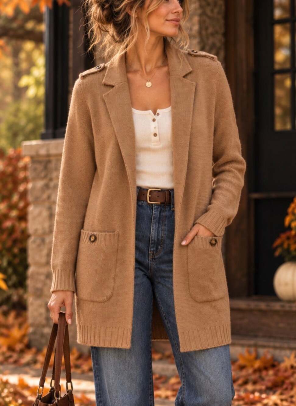 Talbots Wool Blend Knit Blazer Cardigan Camel Brown Size L Academia